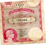 - BILLET De Loterie Nationale 3e Tranche, 100 Frs 1934 - 185 - Billets De Loterie