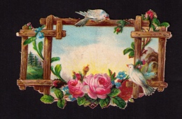 Rare Découpi Fin XIXe Siècle, Fenêtre, Ciel, Oiseaux, Roses, Myosotis - Fiori