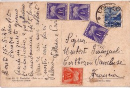 TAXE GERBE - 1Fx3 +10F SUR CARTE POSTALE D'ITALIE LE 16-5-1949. - 1859-1959 Cartas & Documentos