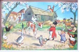 Cpa Litho Illustrateur Molly Brett The Farmeyard Circus Animaux Humanisé Veau Oie Cochon Chevre Poule Etc - Animaux Habillés