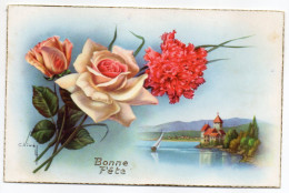 Bonne Fête--1958--signée  C.Vivey---Fleurs  Roses Et Oeillet-paysage De Lac ,cpsm 14 X 9 N° 436 éd Univers - Altri & Non Classificati