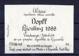 RIESLING - Vendanges Tardives -1988   (Etiquette Collée Sur Feuille D´expo) - Riesling