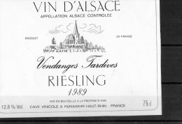 RIESLING - Vendanges Tardives -1989   (Etiquette Collée Sur Feuille D´expo) - Riesling