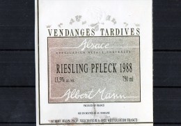 RIESLING - Vendanges Tardives - 1988  (Etiquette Collée Sur Feuille D´expo) - Riesling
