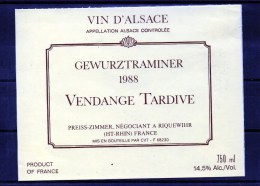 GEWURZTRAMINER - Vendanges Tardives 1988  (Etiquette Collée Sur Feuille D´expo) - Gewurztraminer