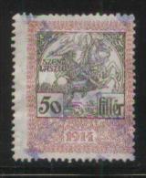 HUNGARY 1914 REVENUE 50F SZENT LASZLO SAINT LADISLAUS KNIGHT BROWN & ROSE PERF 12.00 X 12.00 BAREFOOT 349 - Fiscales