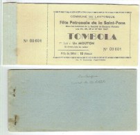 LANTOSQUE: Carnet Complet De 10 Billets De Tombola, Fête St. Pons En 1947. 1er. Prix Un Mouton - Lantosque