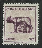 ITALIA REGNO ITALY KINGDOM 1944 LUPA CAPITOLINA  CENT. 50 NO WATERMARK SENZA FILIGRANA NG ORIGINAL VARIETA' VARIETY - Mint/hinged