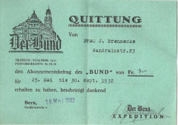 Quittung  "Bund Abonnement, Bern"          1932 - Suisse