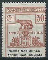 1924 REGNO PARASTATALI 30 CENT CASSA NAZIONALE ASS. SOCIALI MNH ** - ED420 - Franchise