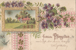 CPA MERRY PENTECOST, HOUSE, FLOWERS, EMBOISED - Pentecôte