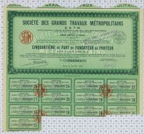 SGTM Sté Des Grands Tavaux Metropolitains, 1/50 Eme De Part De Fondateur - Chemin De Fer & Tramway