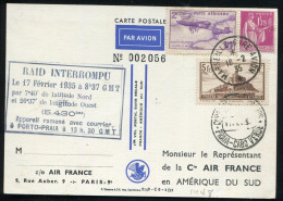FRANCE - N° 260 + 589 + PA 7 / CP AIR FRANCE DU 16/2/1935, AVEC " RAID INTERROMPU LE 17/2/1935 - SUP - Erst- U. Sonderflugbriefe