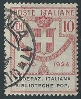 1924 REGNO USATO PARASTATALI BIBLIOTECHE POP. 10 CENT - ED424 - Franquicia