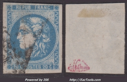 *PROMO* RARE Bleu Outremer Sur 20c Bordeaux Signé JF BRUN (Y&T N° 46Ad , Cote : 850€) - 1870 Bordeaux Printing