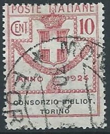 1924 REGNO USATO PARASTATALI BIBLIOT. TORINO 10 CENT - ED427 - Franquicia