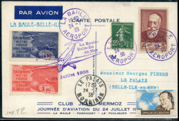 FRANCE - N° 361 + 380 + VIGNETTES / CP COMMEMORATIVE DE LA BAULE LE 24/7/1938, 1er VOL LA BAULE BELLE ILE - TB - Eerste Vluchten