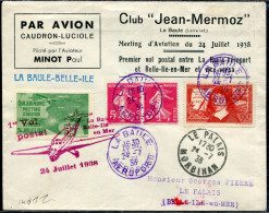 FRANCE - N° 278B (2) + 342 + VIGNETTE / LETTRE COMMEMORATIVE DE LA BAULE LE 24/7/1938, 1er VOL LA BAULE BELLE ILE - SUP - Primi Voli