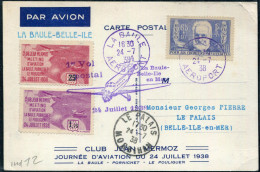 FRANCE - N° 383 + VIGNETTES / CP COMMEMORATIVE DE LA BAULE LE 24/7/1938, 1er VOL LA BAULE BELLE ILE - SUP - Eerste Vluchten