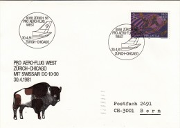 Pro Aero - Flug West  Cover , Zurigo To Chicago  1981 - Lettres & Documents