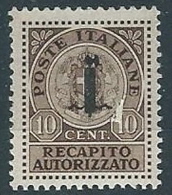 1944 RSI RECAPITO AUTORIZZATO 10 CENT MH * - ED486 - Poste Exprèsse