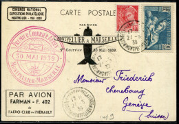 FRANCE - N° 412 + 419 / CP DE MONTPELLIER  LE 27/5/1939, POUR MARSEILLE, 1er VOL DU 30/5/1939, MULLER N° 454 - TB - Erst- U. Sonderflugbriefe