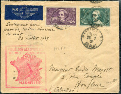 FRANCE - N° 381 & 382 DE MARSEILLE  LE 25/7/1939, POUR HONFLEUR, 1er VOL DE NUIT MARSEILLE PARIS , MULLER N° 461 - TB - Eerste Vluchten