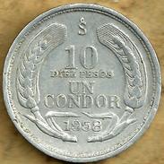 CHILE 10 PESOS WHEAT LEAVES FRONT BIRD BACK 1958 AVF KM? READ DESCRIPTION CAREFULLY !!! - Chili