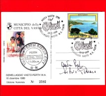 AUSTRALIA - 1989 - Cartolina - Gemellaggio Vasto - W.A. Perth Sister City  - 2 Annulli 18-12-1989 + 21-5-2014 - Lettres & Documents