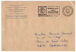 LETTRE MONACO 1991, EMA GEMLUC MONTECARLO Pour FRANCE /5234 - Maschinenstempel (EMA)