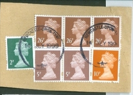 Grossbritannien Newcastle TGST 1999 Königin Elisabeth II. 2 P. + 5 P. Paar + 10 P. + 26 P. 3-er Streifen Briefstück - Cartas & Documentos