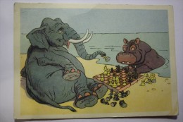 JEU - ECHECS - ELEPHANT PLAYING CHESS WITH HIPPO. OLD SOVIET POSTCARD. 1956 - Echecs
