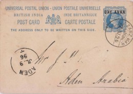 Br India QV UPU Postal Card, Used In Zanzibar To Aden, Inde Indien - Zanzibar (...-1963)