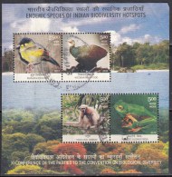 India Used Miniature 2012, Endemic Species Biodiversity Hotspots, Animal Bird, Monkey, Frog. Nature, Tree, Forest, - Usati