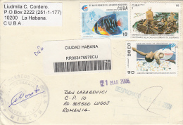 STAMPS ON REGISTERED COVER, NICE FRANKING, FISH, 2006, CUBA - Covers & Documents