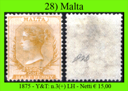 Malta-028 - 1875 - Y&T, N. 3 (+) Hinged - Privo Di Difetti Occulti. - Malta (...-1964)