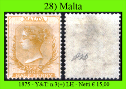 Malta-028 - 1875 - Y&T, N. 3 (+) Hinged - Privo Di Difetti Occulti. - Malte (...-1964)