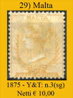 Malta-029 - 1875 - Y&T, N. 3 (sg) NG - Privo Di Difetti Occulti. - Malta (...-1964)