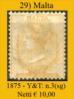 Malta-029 - 1875 - Y&T, N. 3 (sg) NG - Privo Di Difetti Occulti. - Malte (...-1964)