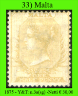 Malta-033 - 1875 - Y&T, N. 3a (sg) NG - Privo Di Difetti Occulti. - Malta (...-1964)