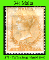 Malta-034 - 1875 - Y&T, N. 3 (sg) NG - Privo Di Difetti Occulti. - Malta (...-1964)