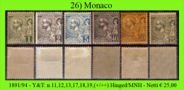 Monaco-026 - 1891/94 - Y&T: N. 11,12,13,17,18,19 (+/++) Hinged/MNH - Privi Di Difetti Occulti. - Neufs