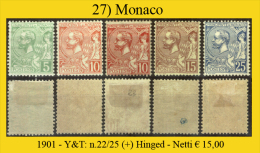 Monaco-027 - 1901 - Y&T: N. 22/27 (+) Hinged - Privi Di Difetti Occulti. - Nuevos