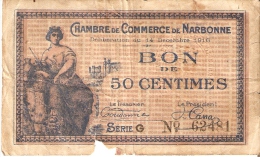 BILLETE DE FRANCIA DE 50 CENTIMES DEL AÑO 1916  (BANKNOTE) NARBONNE (RARO) - Chamber Of Commerce