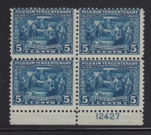 USA MH/MNH Scott #550 Margin Block Of 4 With Plate Number 5c Signing Of The Compact - Pilgrim Tercentenary - Autres & Non Classés