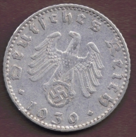 DEUTSCHES REICH 50 REICHSPFENNIG 1939 J KM# 96 Swastika Rare - 50 Reichspfennig