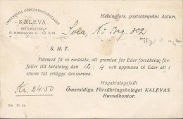 Finland ÖMSESIDIGA FÖRSÄKRINGSBOLAGET, HELSINKI 1925 Card Karte Locally Sent KALEVA TRYCKALSTER (2 Scans) - Briefe U. Dokumente