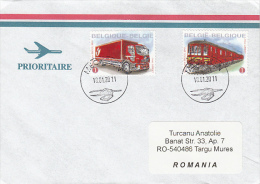 STAMPS ON REGISTERED COVER, NICE FRANKING, TRAIN, TRUCK, 2011, BELGIUM - Covers & Documents