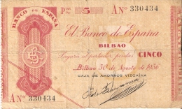 BILLETE DE ESPAÑA  5 PTAS DEL BANCO DE BILBAO AÑO 1936  (BANKNOTE) CAJA AHORROS VIZCAINA - 5 Pesetas