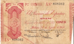 BILLETE DE ESPAÑA  5 PTAS DEL BANCO DE BILBAO AÑO 1936 SERIE A (BANKNOTE) CAJA AHORROS MONTE PIEDAD - 5 Pesetas